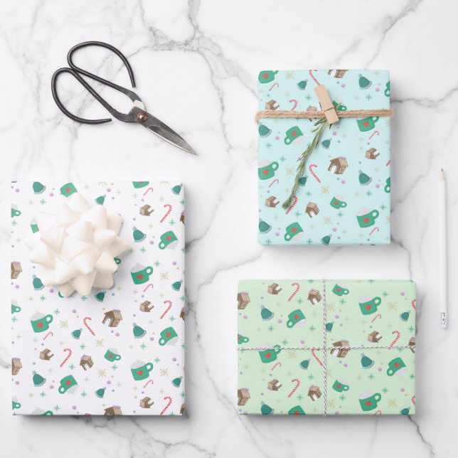 Candy Canes and Gingerbread House Pattern Wrapping Paper Sheet (Front)