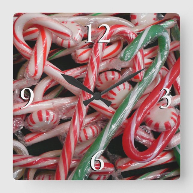 Candy Canes and Peppermints Christmas Holiday Square Wall Clock (Front)