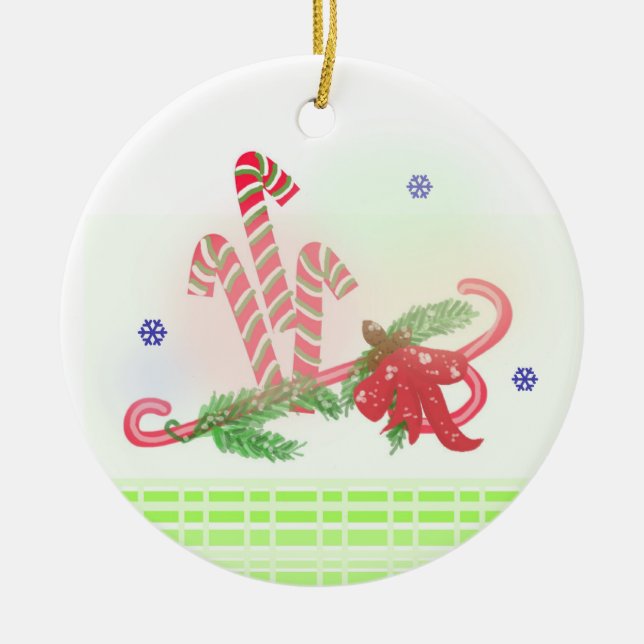 Candy Canes and Pine Boughs Ceramic Ornament (Front)