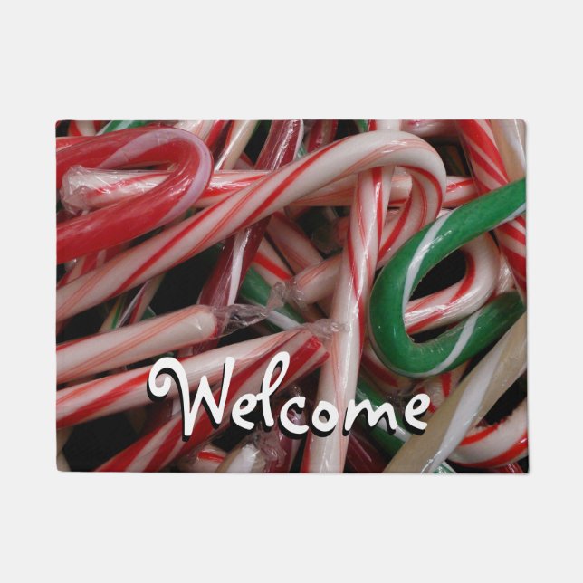 Candy Canes Christmas Holiday White Green and Red Doormat (Front)