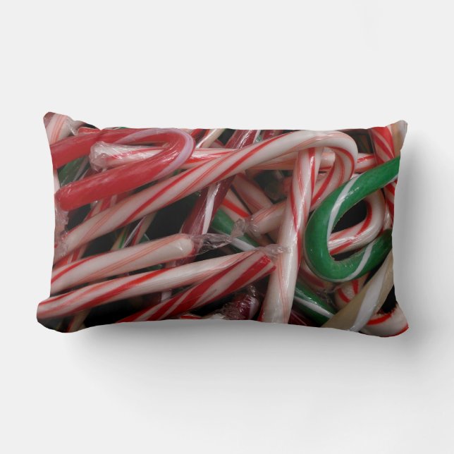 Candy Canes Christmas Holiday White Green and Red Lumbar Cushion (Front)