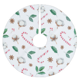 Candy Canes Cotton Holly Leaves Christmas Brushed Polyester Tree Skirt