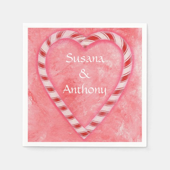 Candy Canes Heart Personalised Wedding Napkins (Front)
