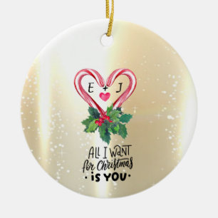 Candy Canes,Holly Berry,Gold,Monogram Ceramic Ornament