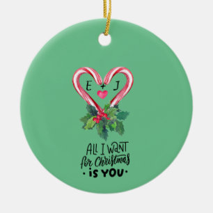 Candy Canes,Holly Berry,Love,Monogram Ceramic Ornament