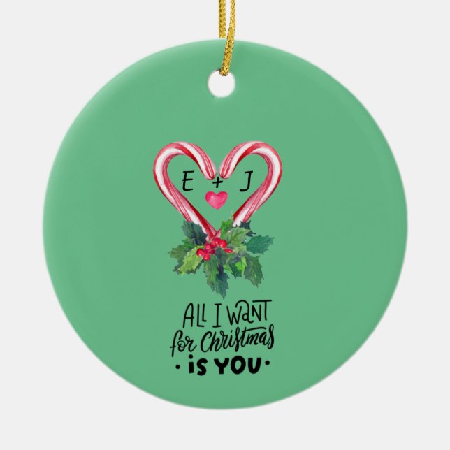 Candy Canes,Holly Berry,Love,Monogram Ceramic Ornament (Front)