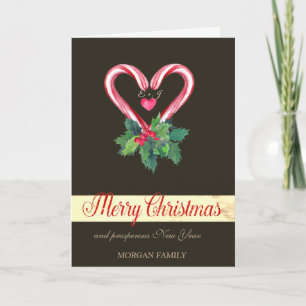 Candy Canes,Holly Berry,Love,Monogram Holiday Card