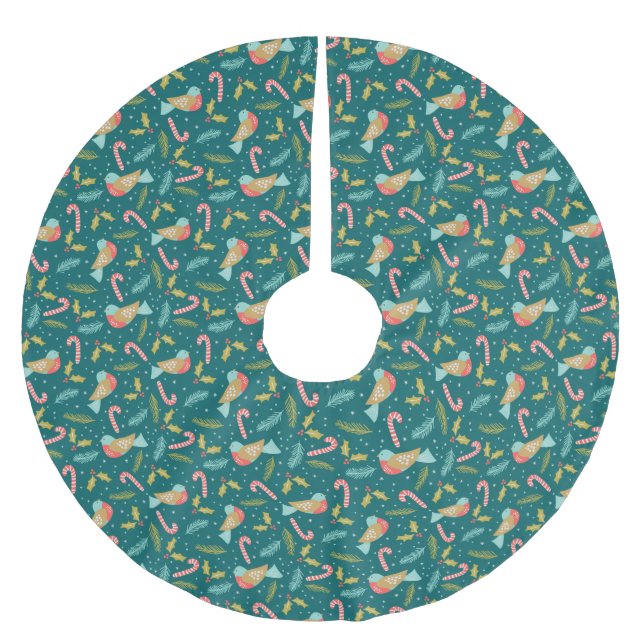 Candy Canes Holly Pine Boughs Birds Brushed Polyester Tree Skirt (Front)