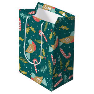 Candy Canes Holly Pine Boughs Birds Medium Gift Bag