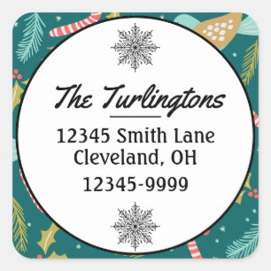 Candy Canes Holly Pine Boughs Birds Return Address Square Sticker
