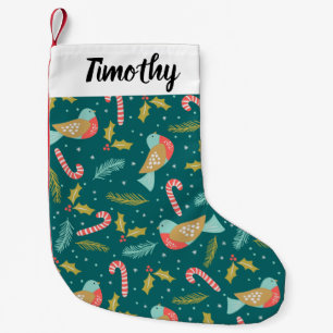 Candy Canes Holly Pine Boughs Birds Small Christmas Stocking