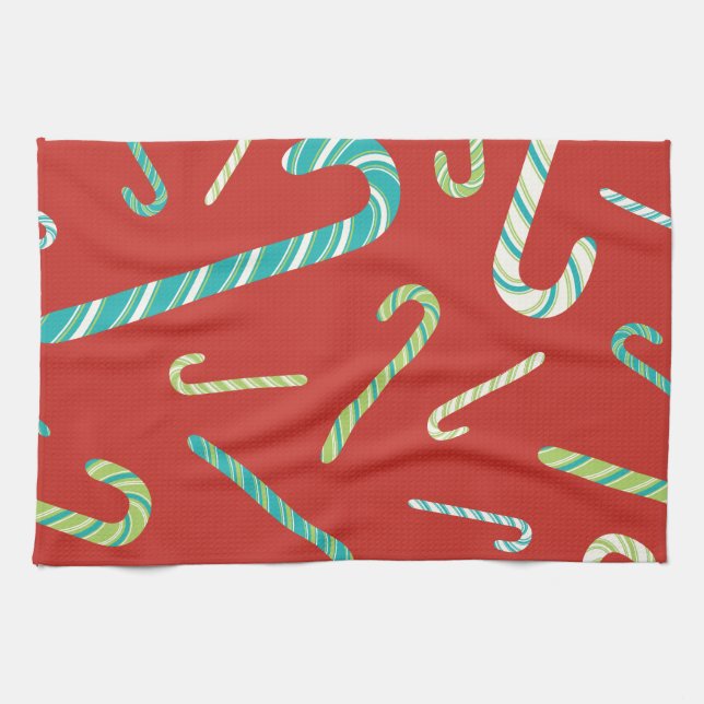 Candy Canes on a Red background Tea Towel (Horizontal)