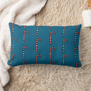 Candy Canes on Navy Blue Background Lumbar Cushion