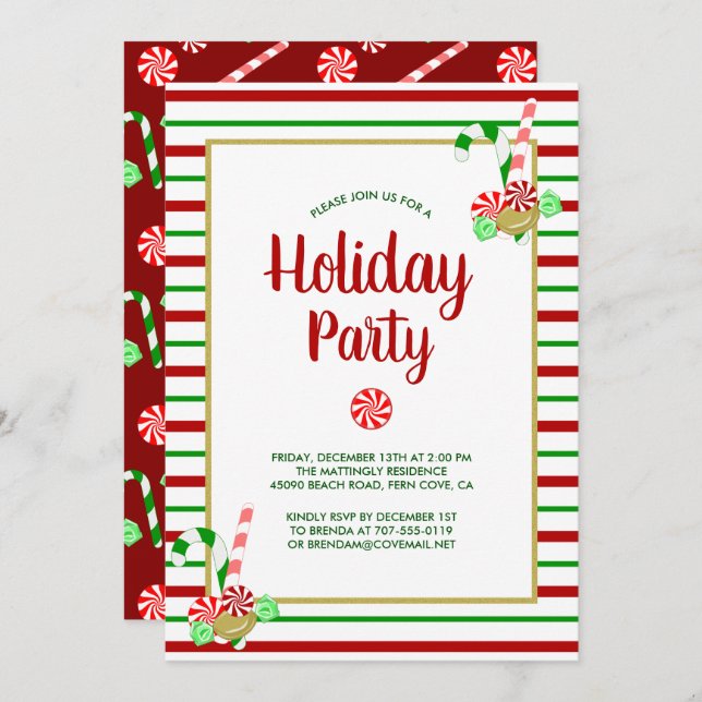 Candy Canes Peppermint Stripes Cute Holiday Party Invitation (Front/Back)