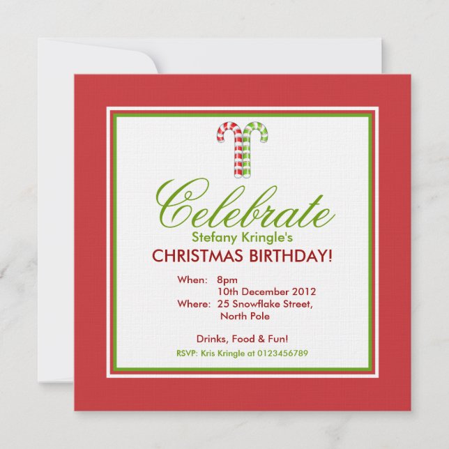 Candy Canes red green Christmas Birthday Invite (Front)