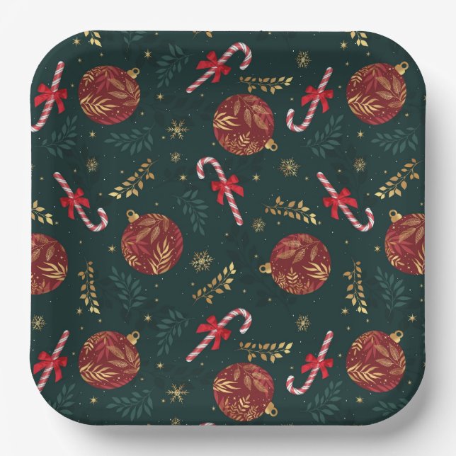 Candy Canes Snowflakes Red Christmas Balls Green Paper Plate (Front)