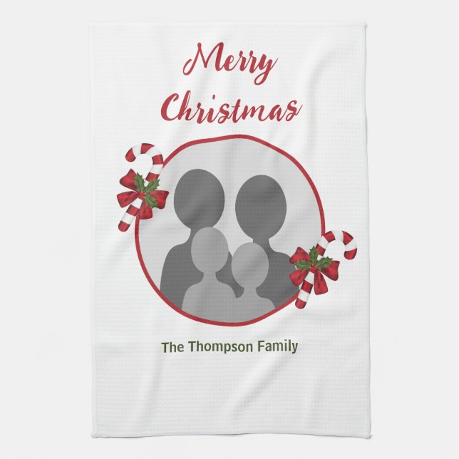Candy Canes With Custom Photo Template & Text Tea Towel (Vertical)