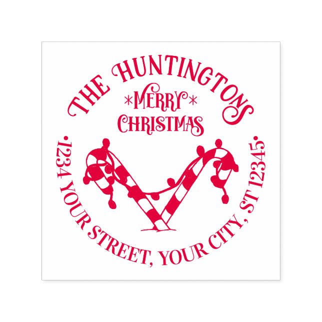 Candy Canes Xmas Lights Family Name Ret Address Self-inking Stamp (Design)
