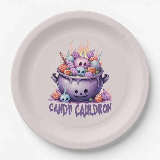 Candy Cauldron – Pastel Purple Halloween Treats Paper Plate (Front)