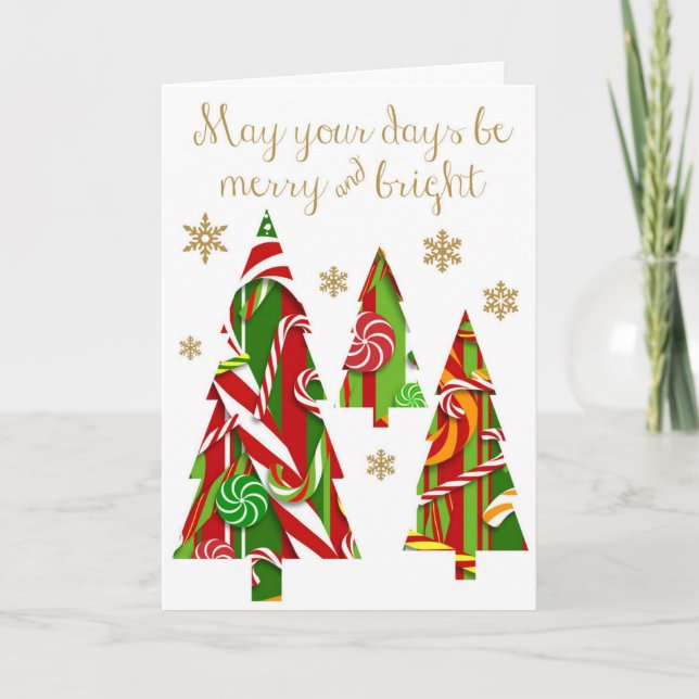 Candy Christmas Trees & Gold Snowflakes Holiday Card (Front)