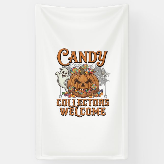 Candy Collectors Welcome Pumpkin Ghost Spider Web Banner (Vertical)
