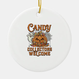 Candy Collectors Welcome Pumpkin Ghost Spider Web Ceramic Ornament