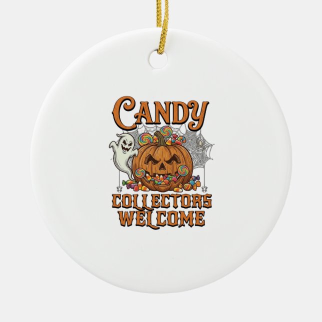 Candy Collectors Welcome Pumpkin Ghost Spider Web Ceramic Ornament (Front)