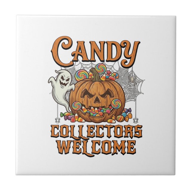 Candy Collectors Welcome Pumpkin Ghost Spider Web Ceramic Tile (Front)