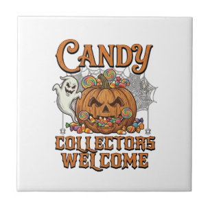 Candy Collectors Welcome Pumpkin Ghost Spider Web Ceramic Tile