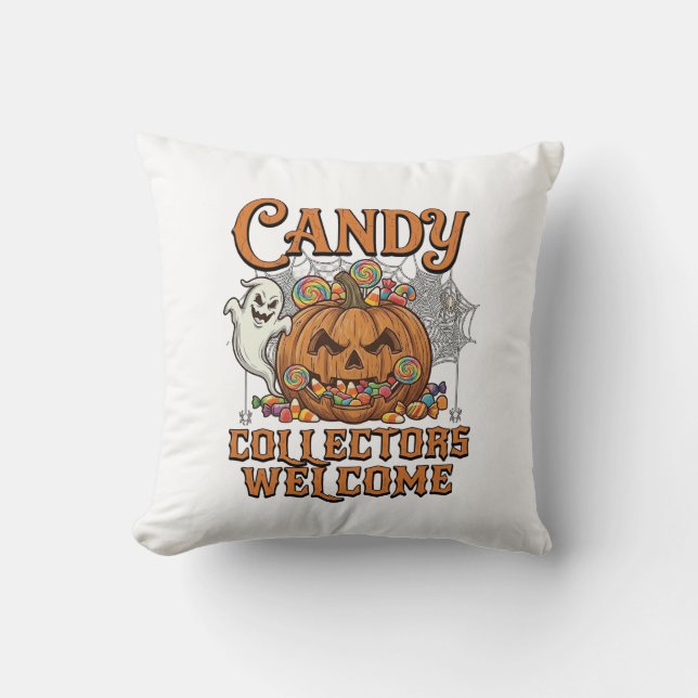 Candy Collectors Welcome Pumpkin Ghost Spider Web Cushion (Front)