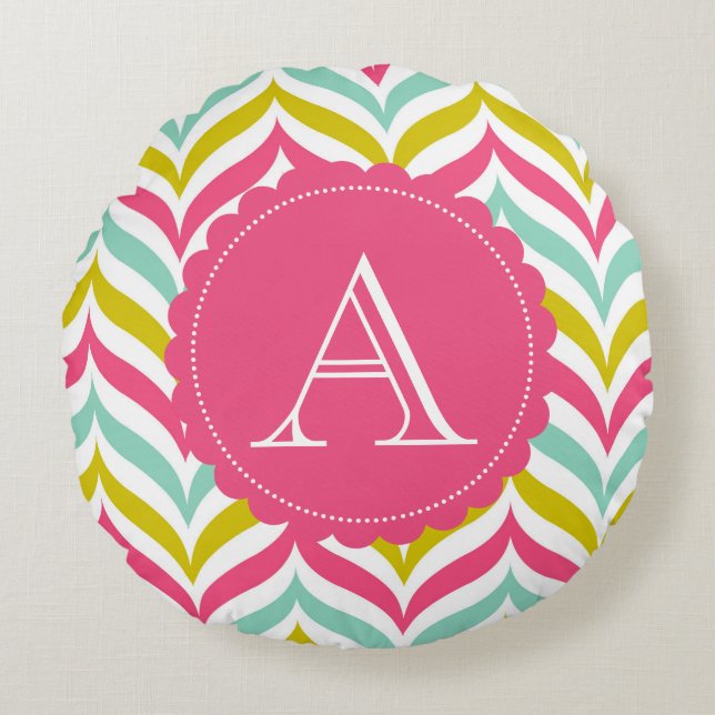 Candy Coloured Chevron Waves Monogram Round Round Cushion (Front)
