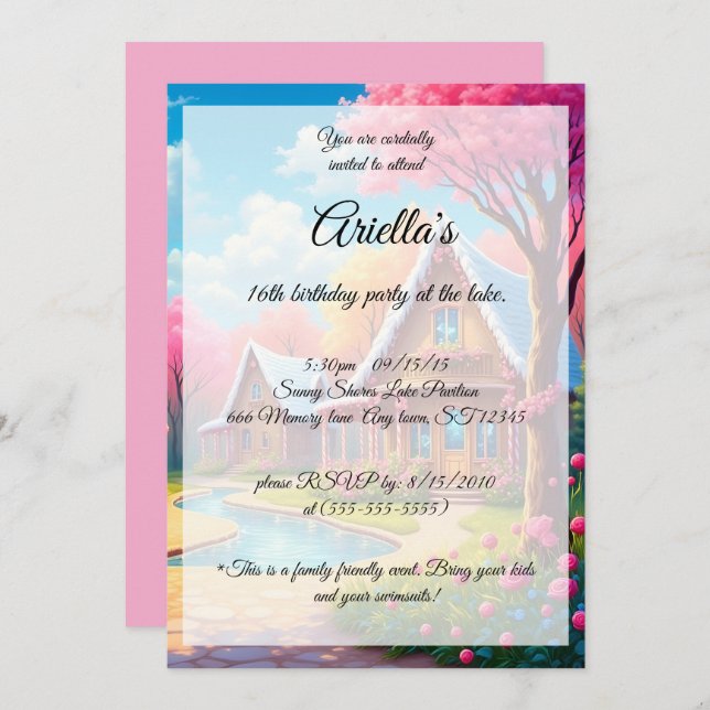 Candy Coloured Lake House Sweet 16 Birthday Invitation (Front/Back)