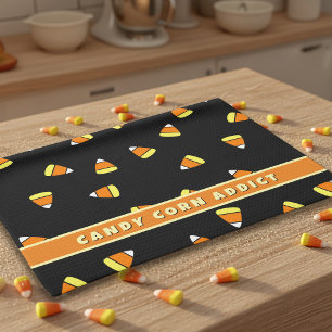 Candy Corn Addict Black Halloween Kitchen Towel