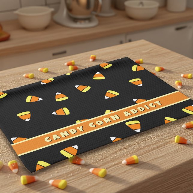 Candy Corn Addict Black Halloween Kitchen Towel (Kitchen towel for the candy corn addict in your life. You can change the text to your name!)