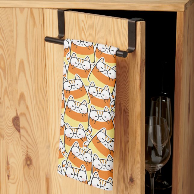 Candy Corn Cat Pattern Tea Towel (Thirds Fold)