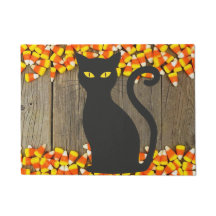 Candy Corn Halloween Doormat with Black Cat