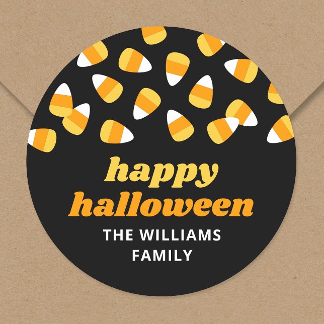 Candy Corn Happy Halloween Party Favour Classic Round Sticker (Creator Uploaded)