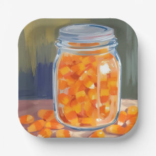 Candy Corn Jar Happy Halloween Paper Plate