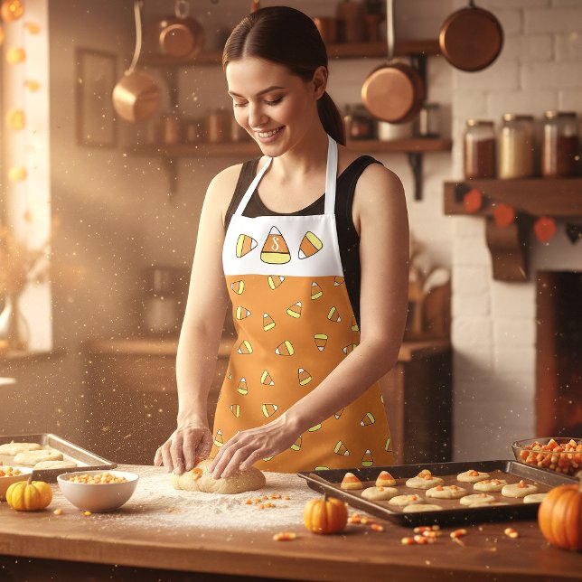 Candy Corn Monogram Orange Halloween Apron (Imagine this to be you baking candy corn treats in your cozy kitchen)