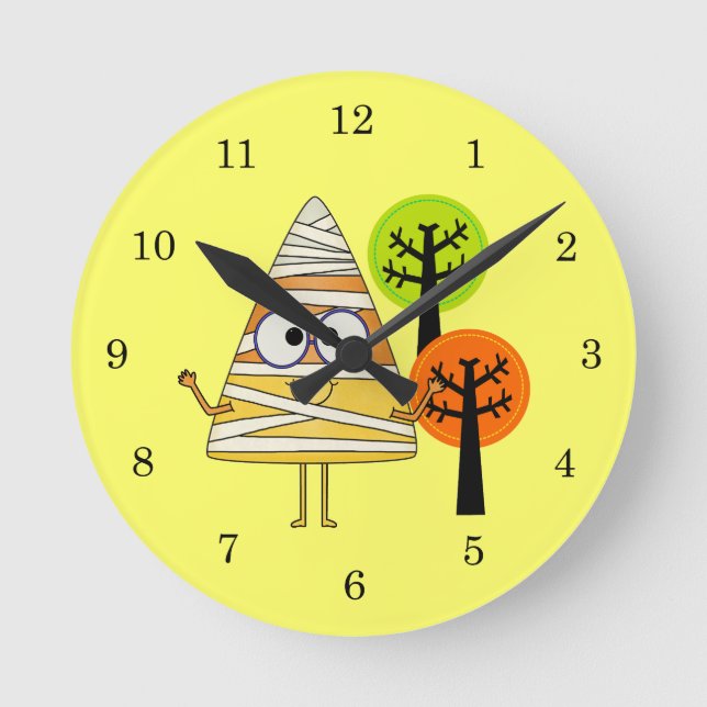 Candy Corn Mummy Halloween Round Clock (Front)