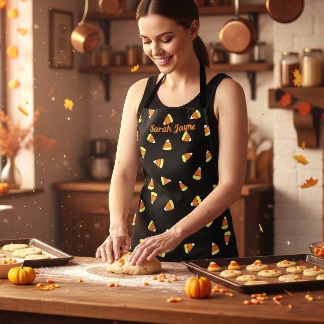Candy Corn Pattern Name Fun Black Halloween Apron (Perfect for anyone who loves cooking up some sweet treats, especially for candy corn lovers like you)