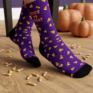 Candy Corn Pattern Trick or Treat Purple Halloween Socks
