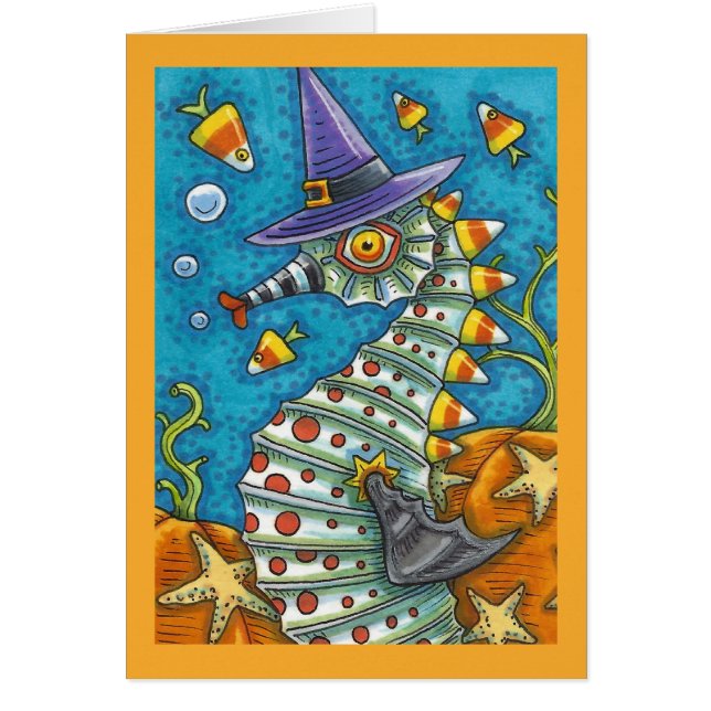 CANDY CORN SEAHORSE, UNDER THE SEA HALLOWEEN CARD (Front)