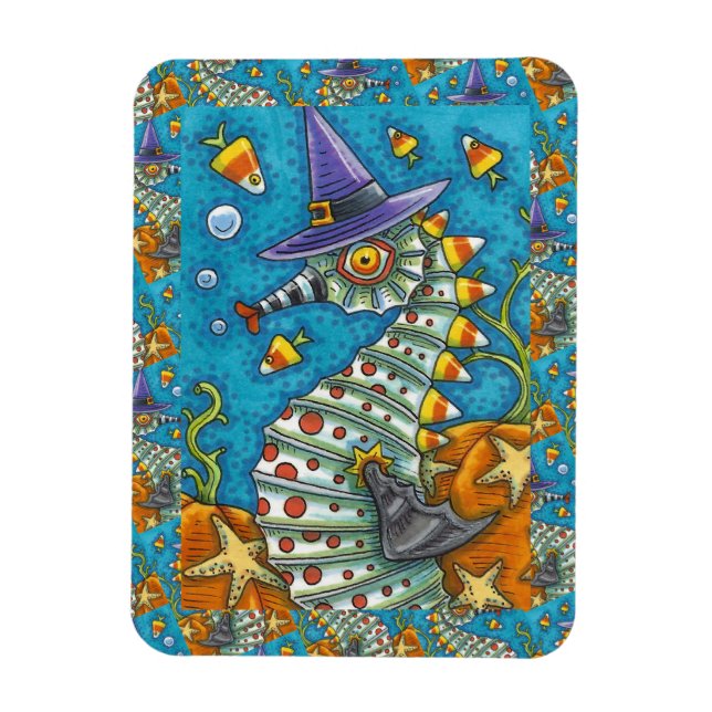 CANDY CORN SEAHORSE, UNDER THE SEA HALLOWEEN FISH MAGNET (Vertical)