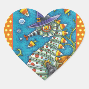 CANDY CORN SEAHORSE WITCH, UNDER THE SEA HALLOWEEN HEART STICKER