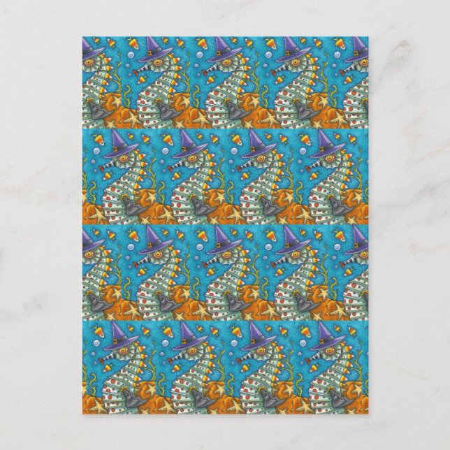 CANDY CORN SEAHORSE WITCH, UNDER THE SEA HALLOWEEN POSTCARD (Front)