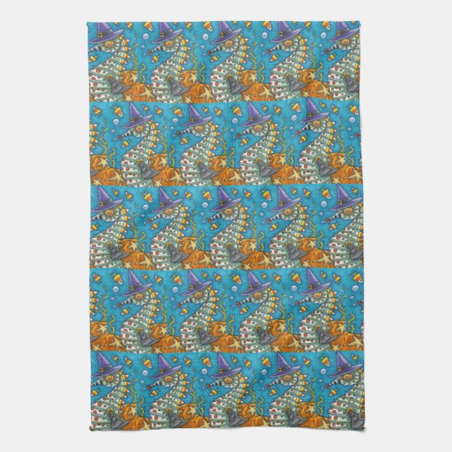 CANDY CORN SEAHORSE WITCH, UNDER THE SEA HALLOWEEN TEA TOWEL (Vertical)