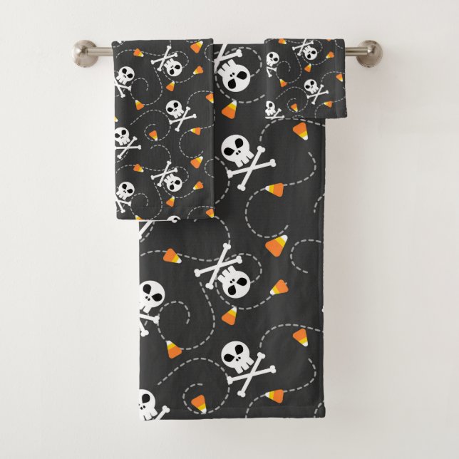 Candy Corn, Skulls and Crossbones Bath Towel Set (Insitu)