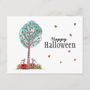 Candy Corn Tree Jack O Lanterns Happy Halloween Postcard