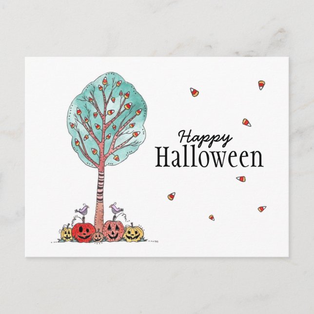 Candy Corn Tree Jack O Lanterns Happy Halloween Postcard (Front)